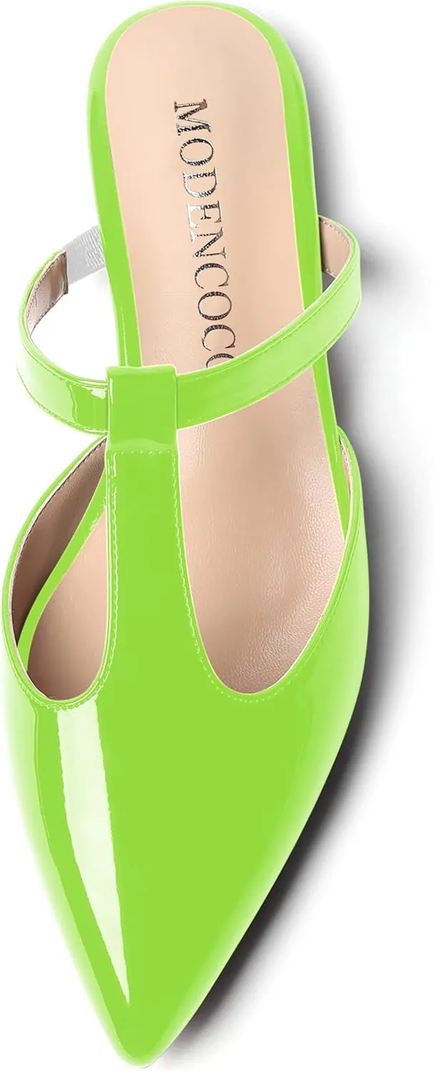 MODENCOCO Women's Casual Office T Strap Pointed Toe Slip On Patent Low Heel Backless Mules Shoes Flats