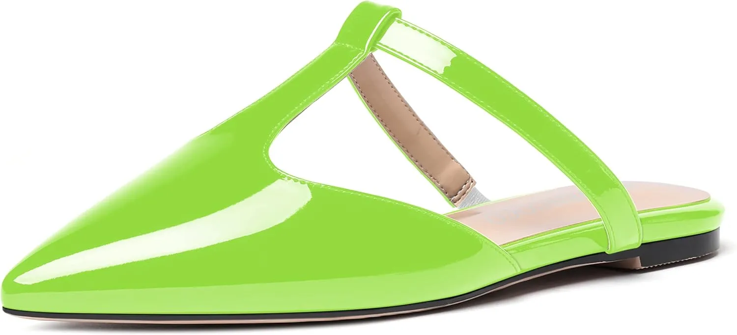 MODENCOCO Women's Casual Office T Strap Pointed Toe Slip On Patent Low Heel Backless Mules Shoes Flats