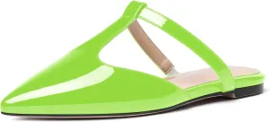 MODENCOCO Women's Casual Office T Strap Pointed Toe Slip On Patent Low Heel Backless Mules Shoes Flats