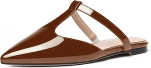 MODENCOCO Women's Casual Office T Strap Pointed Toe Slip On Patent Low Heel Backless Mules Shoes Flats