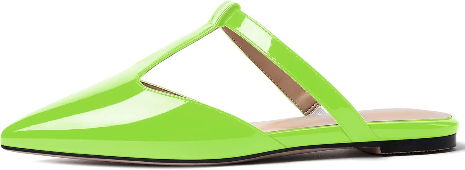 MODENCOCO Women's Casual Office T Strap Pointed Toe Slip On Patent Low Heel Backless Mules Shoes Flats