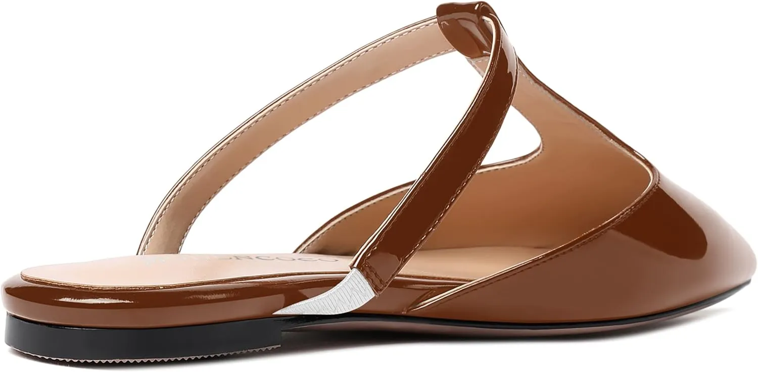 MODENCOCO Women's Casual Office T Strap Pointed Toe Slip On Patent Low Heel Backless Mules Shoes Flats