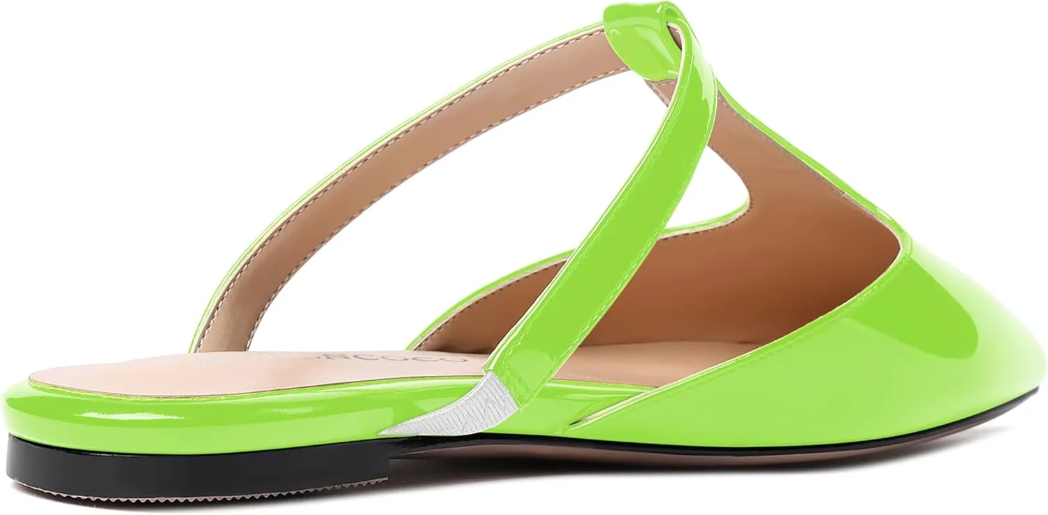 MODENCOCO Women's Casual Office T Strap Pointed Toe Slip On Patent Low Heel Backless Mules Shoes Flats