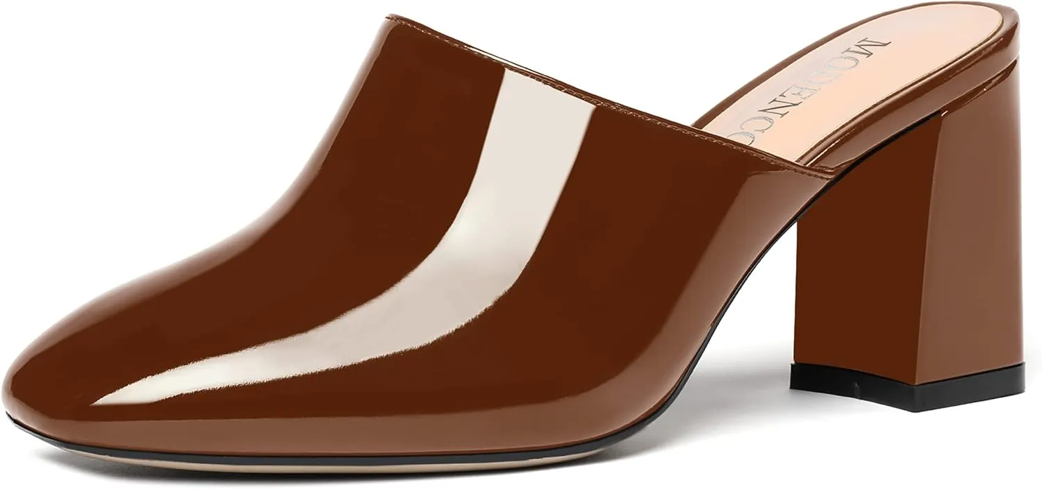 MODENCOCO Womens Fashion Slip On Casual Patent Dating Square Toe Block High Heel High Heeled Mules Shoes 3 Inch