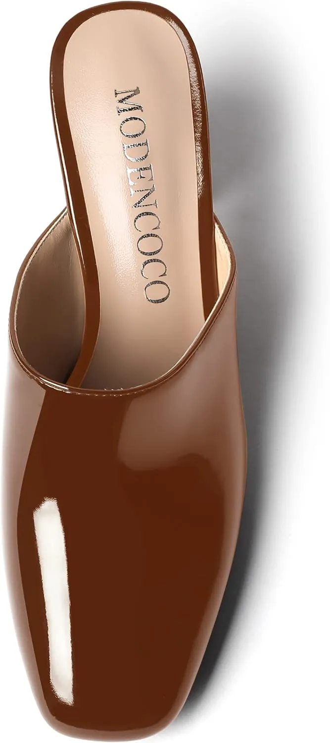 MODENCOCO Womens Fashion Slip On Casual Patent Dating Square Toe Block High Heel High Heeled Mules Shoes 3 Inch