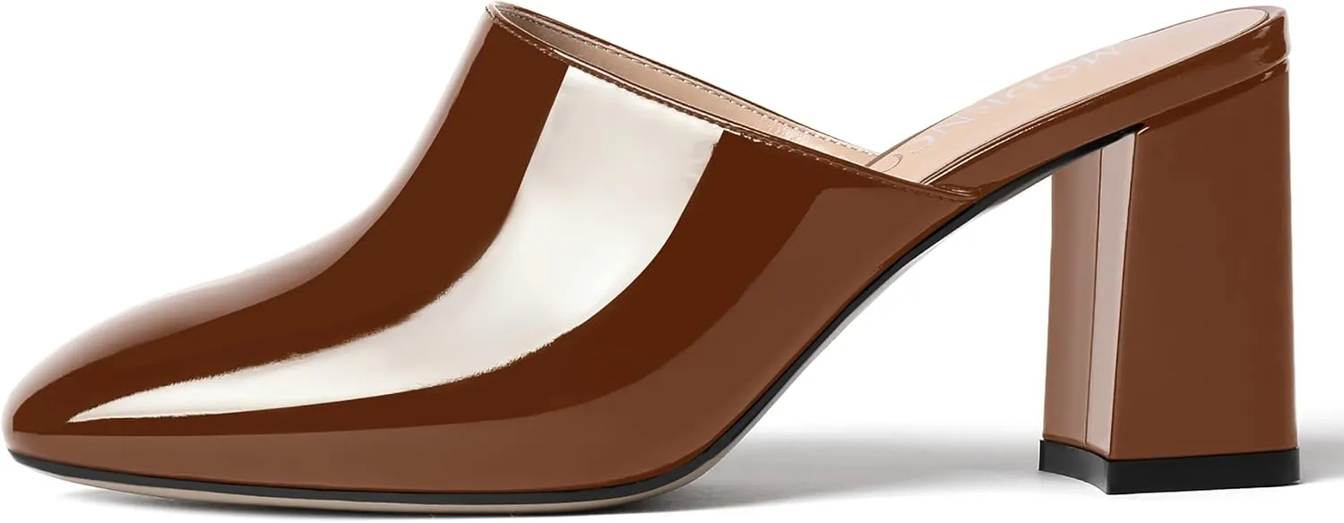 MODENCOCO Womens Fashion Slip On Casual Patent Dating Square Toe Block High Heel High Heeled Mules Shoes 3 Inch