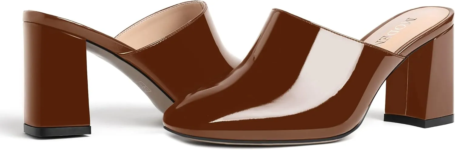 MODENCOCO Womens Fashion Slip On Casual Patent Dating Square Toe Block High Heel High Heeled Mules Shoes 3 Inch