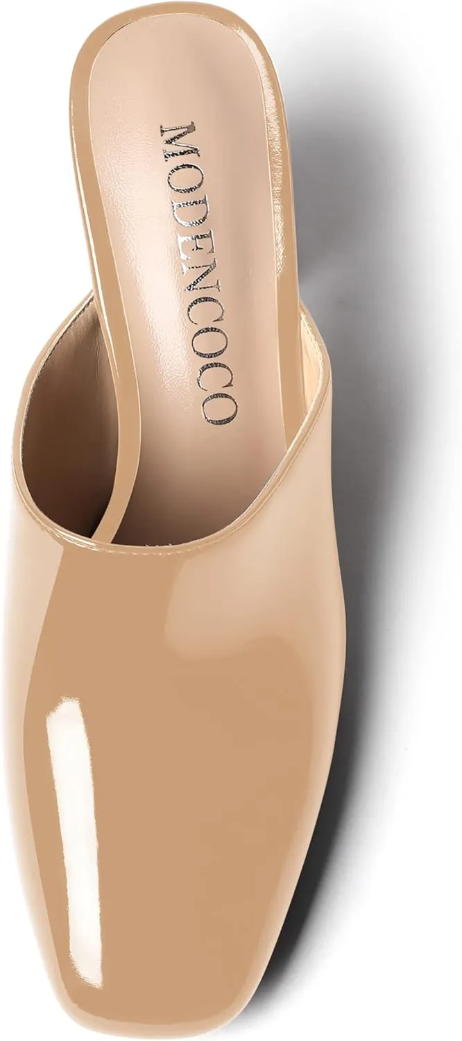 MODENCOCO Womens Fashion Slip On Casual Patent Dating Square Toe Block High Heel High Heeled Mules Shoes 3 Inch