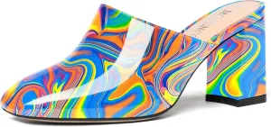 MODENCOCO Womens Fashion Slip On Casual Patent Dating Square Toe Block High Heel High Heeled Mules Shoes 3 Inch