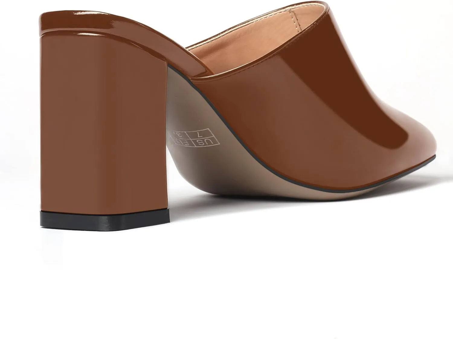 MODENCOCO Womens Fashion Slip On Casual Patent Dating Square Toe Block High Heel High Heeled Mules Shoes 3 Inch