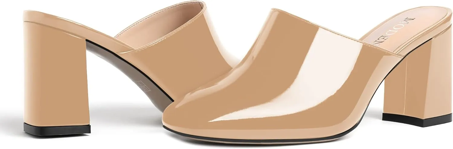 MODENCOCO Womens Fashion Slip On Casual Patent Dating Square Toe Block High Heel High Heeled Mules Shoes 3 Inch