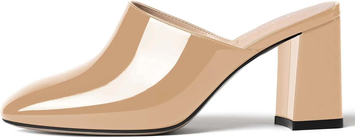 MODENCOCO Womens Fashion Slip On Casual Patent Dating Square Toe Block High Heel High Heeled Mules Shoes 3 Inch