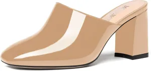 MODENCOCO Womens Fashion Slip On Casual Patent Dating Square Toe Block High Heel High Heeled Mules Shoes 3 Inch