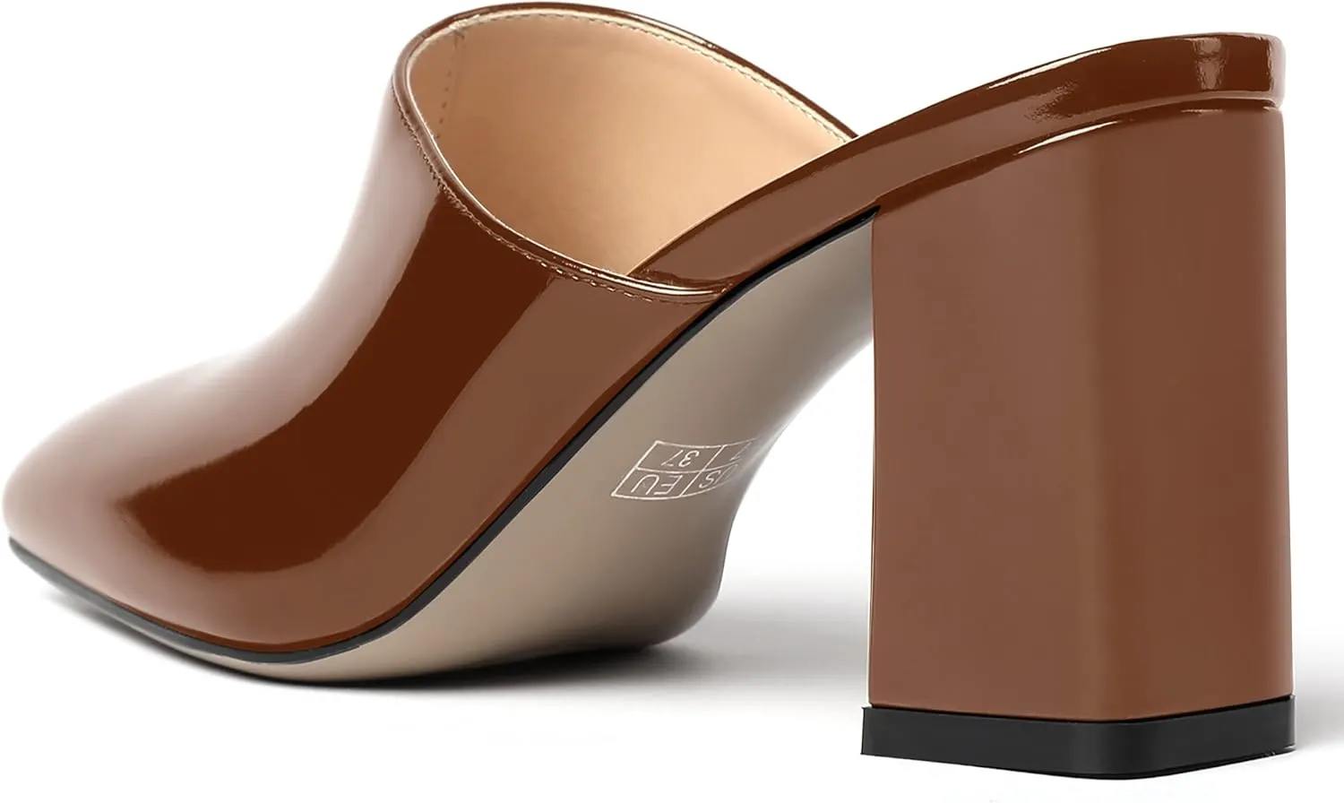 MODENCOCO Womens Fashion Slip On Casual Patent Dating Square Toe Block High Heel High Heeled Mules Shoes 3 Inch