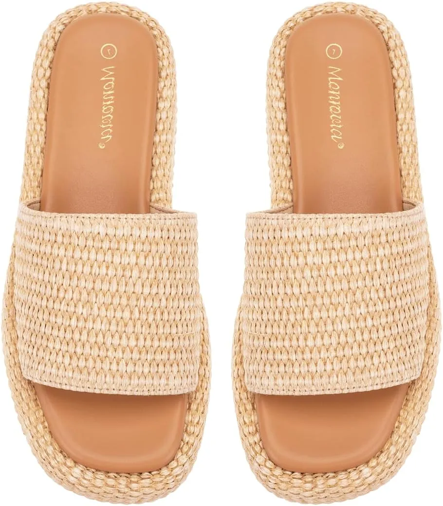 Monrovia Platform Sandals Women – Raffia Espadrilles Slip On Slides, Comfortable Summer Wedge Sandals, Straw Beach Shoes 2025