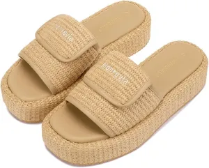 Monrovia Platform Sandals Women Slip on Raffia Wedges Sandals Slides Espadrilles Wedge Heels Raffia Straws Chunky Sandals