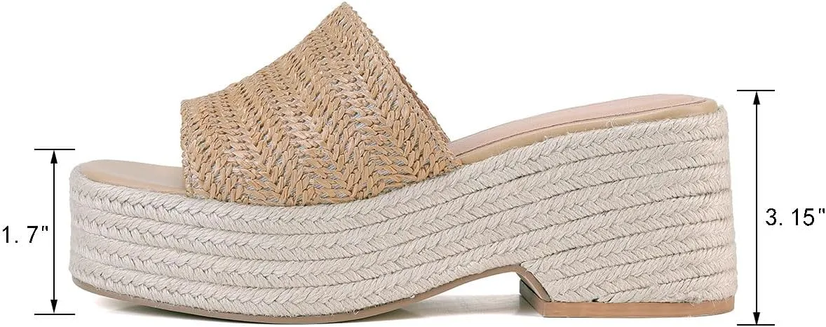 Monrovia Platform Sandals Women Slip on Raffia Wedges Sandals Slides Espadrilles Wedge Heels Raffia Straws Chunky Sandals