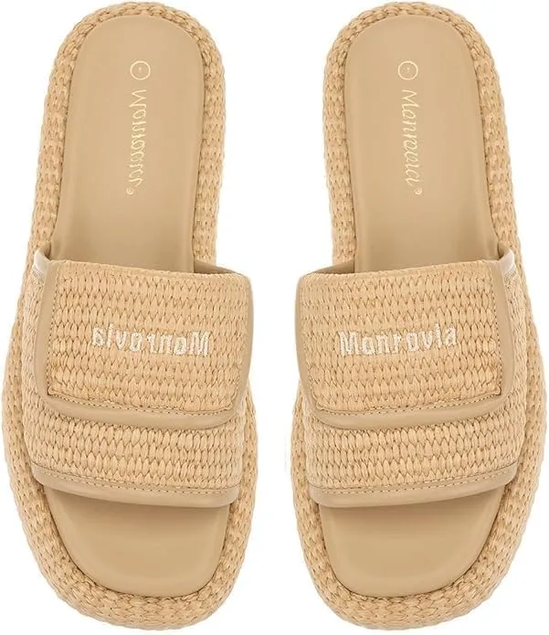 Monrovia Platform Sandals Women Slip on Raffia Wedges Sandals Slides Espadrilles Wedge Heels Raffia Straws Chunky Sandals