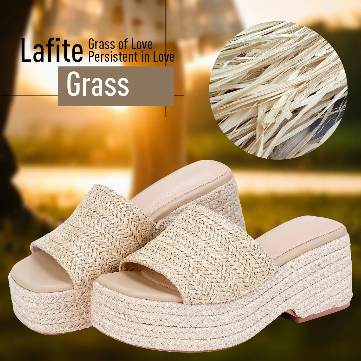 Monrovia Platform Sandals Women Slip on Raffia Wedges Sandals Slides Espadrilles Wedge Heels Raffia Straws Chunky Sandals
