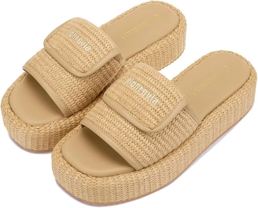 Monrovia Platform Sandals Women Slip on Raffia Wedges Sandals Slides Espadrilles Wedge Heels Raffia Straws Chunky Sandals