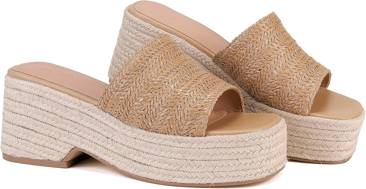 Monrovia Platform Sandals Women Slip on Raffia Wedges Sandals Slides Espadrilles Wedge Heels Raffia Straws Chunky Sandals