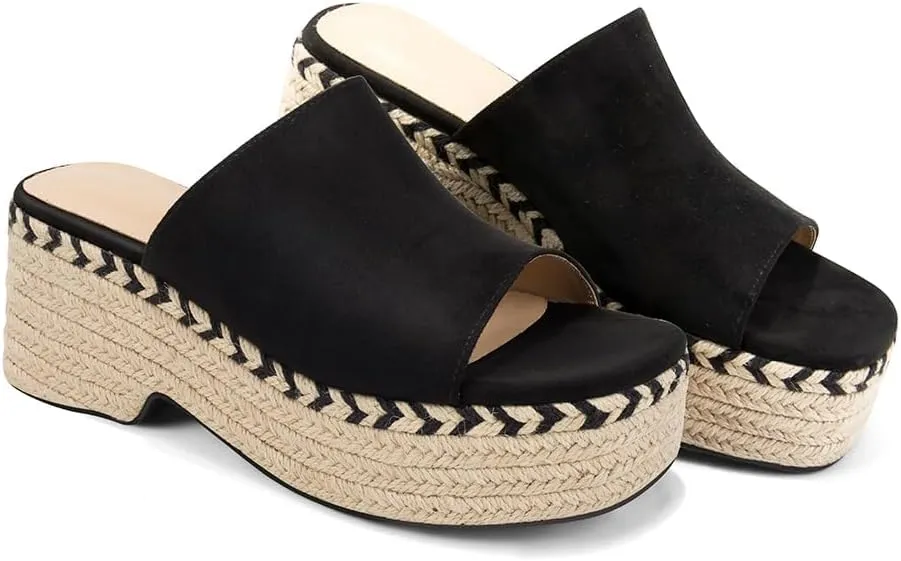 Monrovia Platform Sandals Women Slip on Raffia Wedges Sandals Slides Espadrilles Wedge Heels Raffia Straws Chunky Sandals