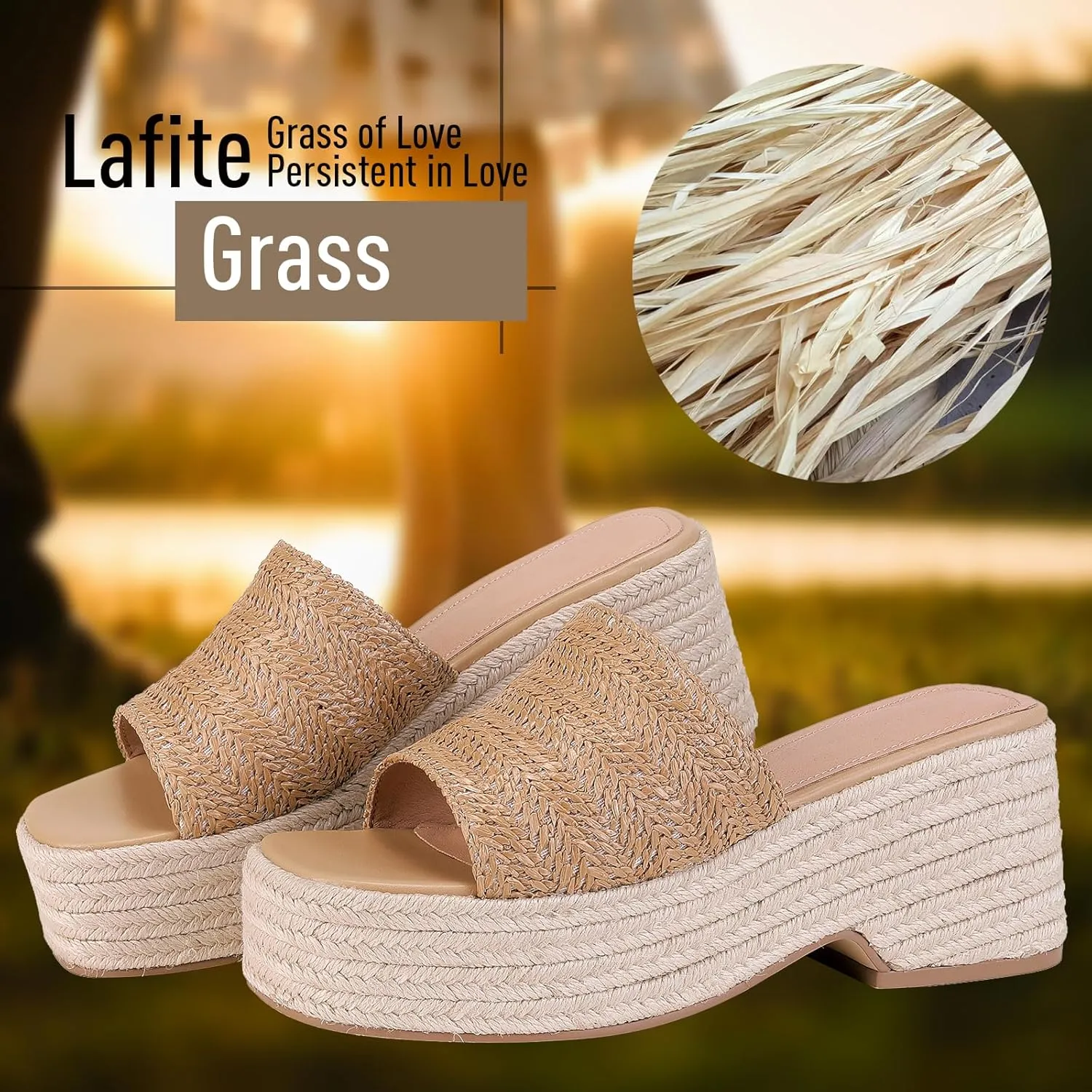Monrovia Platform Sandals Women Slip on Raffia Wedges Sandals Slides Espadrilles Wedge Heels Raffia Straws Chunky Sandals