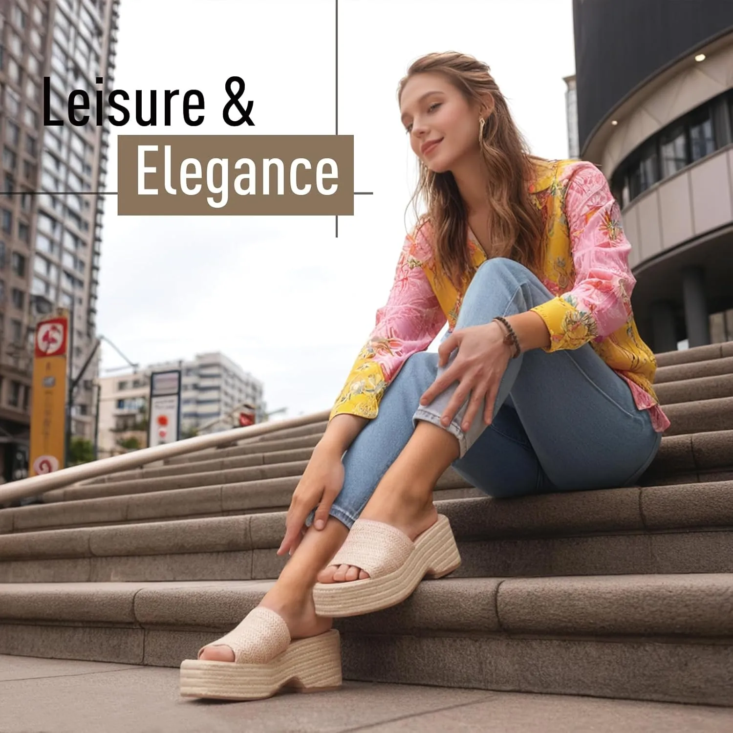 Monrovia Platform Sandals Women Slip on Raffia Wedges Sandals Slides Espadrilles Wedge Heels Raffia Straws Chunky Sandals