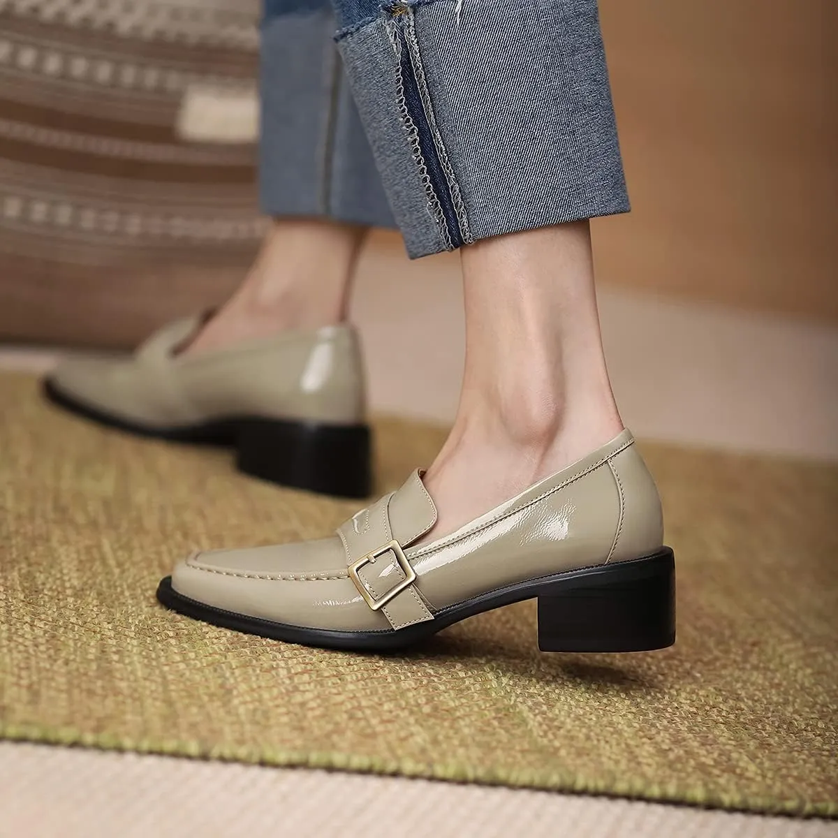 MOOMMO Women Classic Penny Loafers Closed Square Toe Patent Low Heel Loafers Slip On Metal Buckle 2" Chunky Heel Comfy Office Lady Vintage Dress Loafer Shoes Size 4-9 M US
