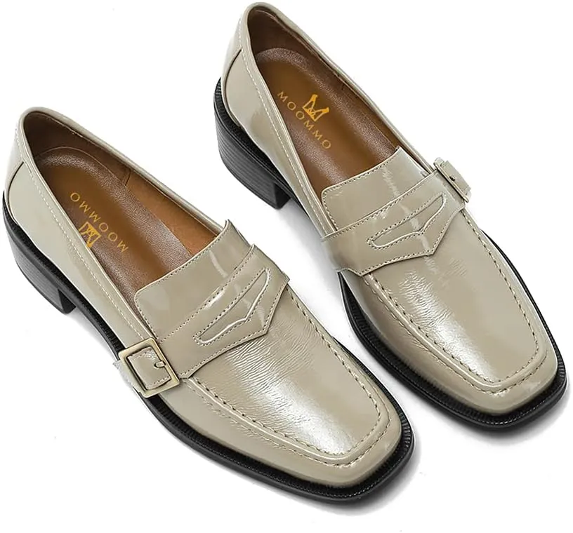 MOOMMO Women Classic Penny Loafers Closed Square Toe Patent Low Heel Loafers Slip On Metal Buckle 2" Chunky Heel Comfy Office Lady Vintage Dress Loafer Shoes Size 4-9 M US