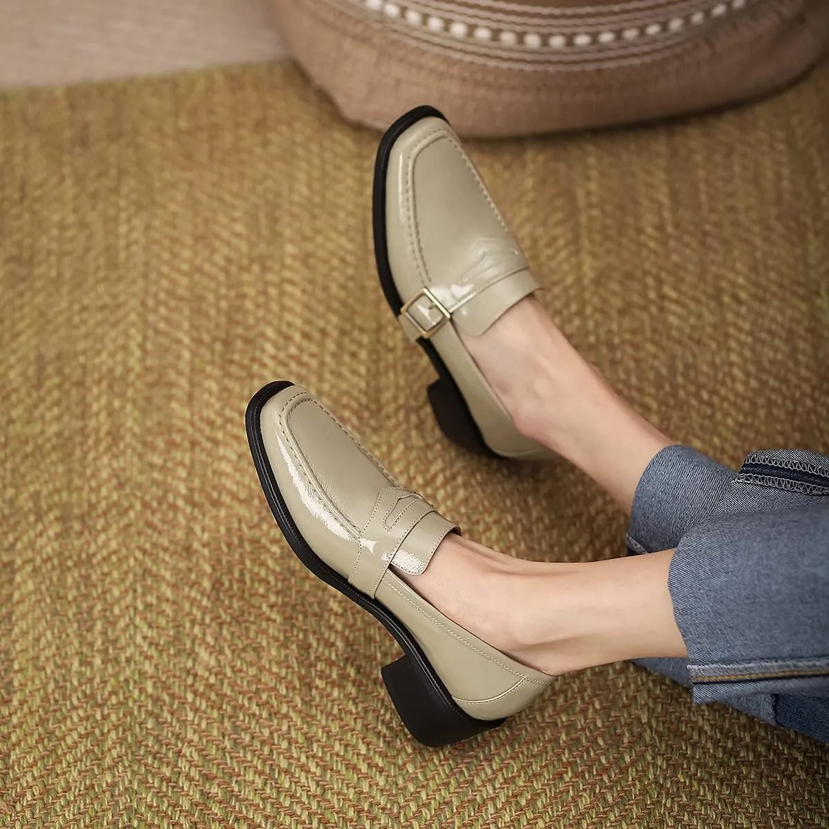 MOOMMO Women Classic Penny Loafers Closed Square Toe Patent Low Heel Loafers Slip On Metal Buckle 2" Chunky Heel Comfy Office Lady Vintage Dress Loafer Shoes Size 4-9 M US