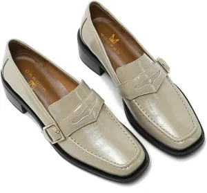 MOOMMO Women Classic Penny Loafers Closed Square Toe Patent Low Heel Loafers Slip On Metal Buckle 2" Chunky Heel Comfy Office Lady Vintage Dress Loafer Shoes Size 4-9 M US