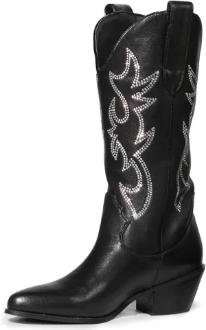 MUCCCUTE Cowboy Boots for Women Cowgirl Boots Wide Calf Pointed Toe Embroidered Fashion Western Chunky Pull On