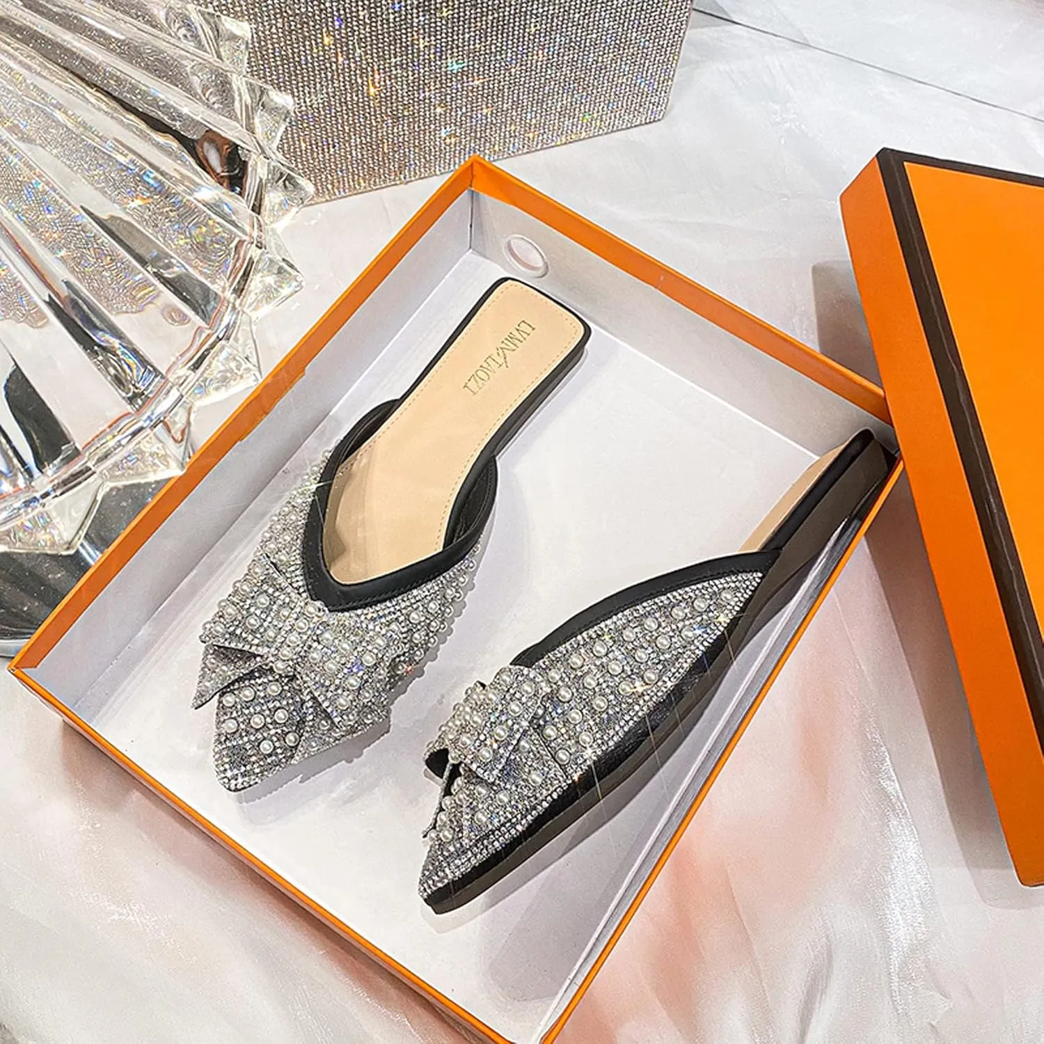 Mules for Woman Comfortable Slip on Bow Rhinestone Pointed Toe Mule Shoes