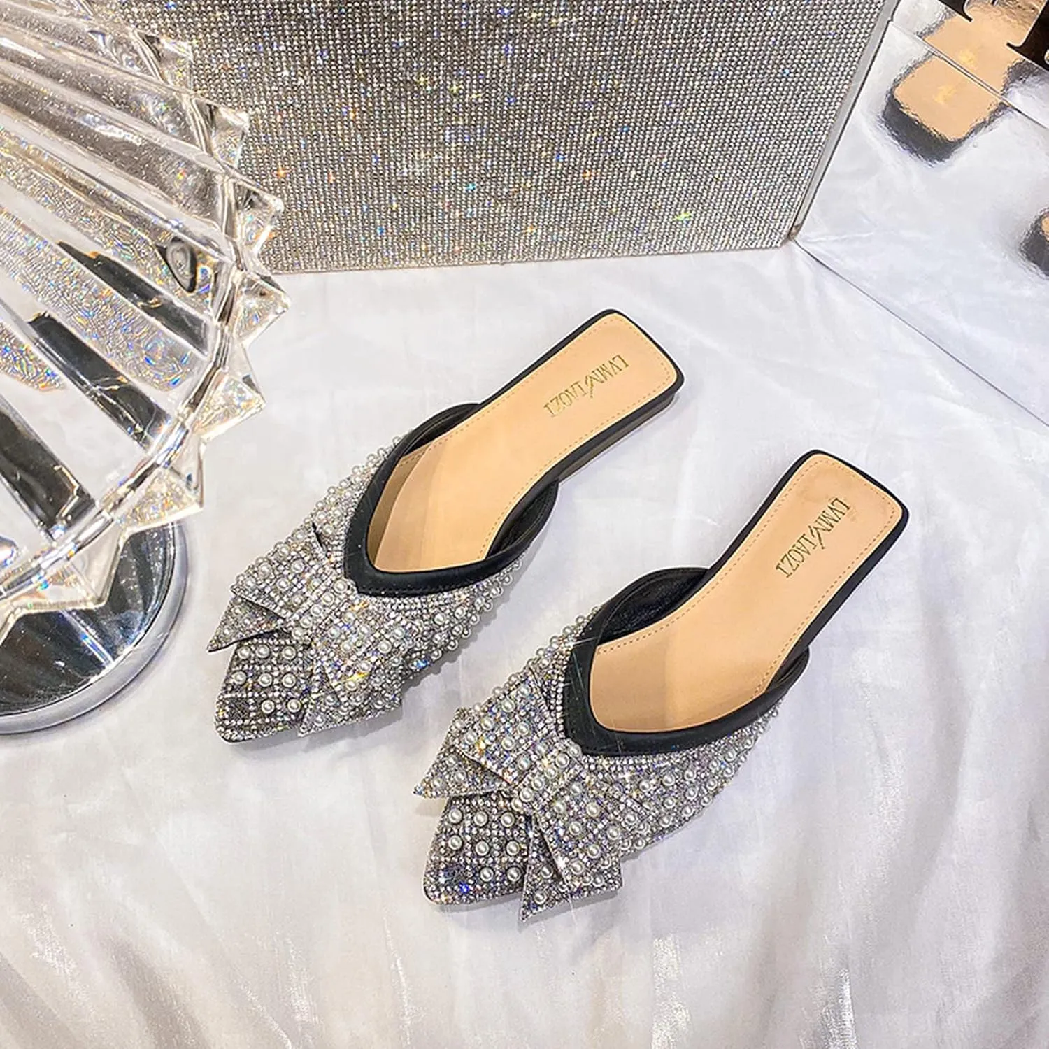Mules for Woman Comfortable Slip on Bow Rhinestone Pointed Toe Mule Shoes