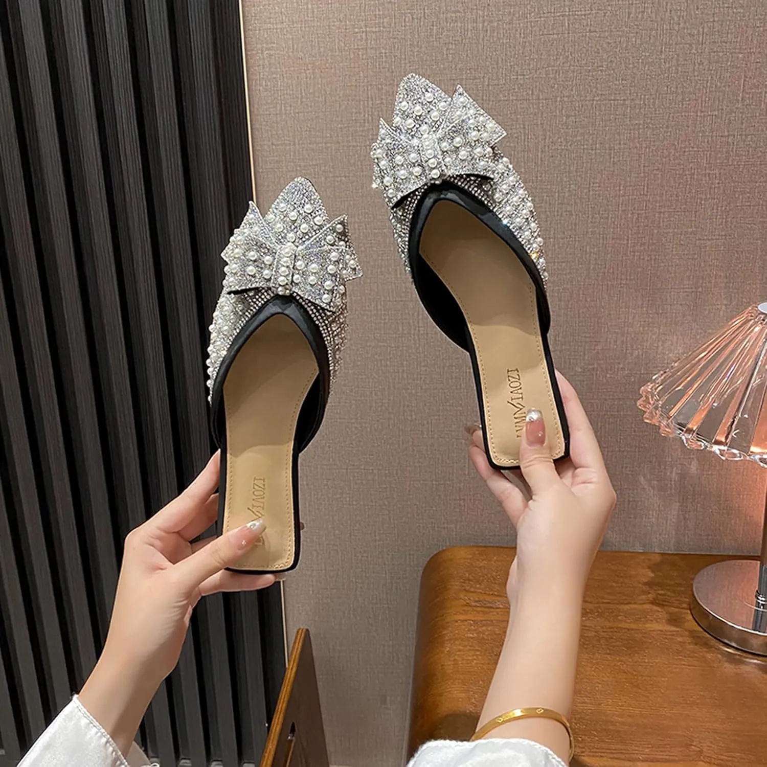 Mules for Woman Comfortable Slip on Bow Rhinestone Pointed Toe Mule Shoes