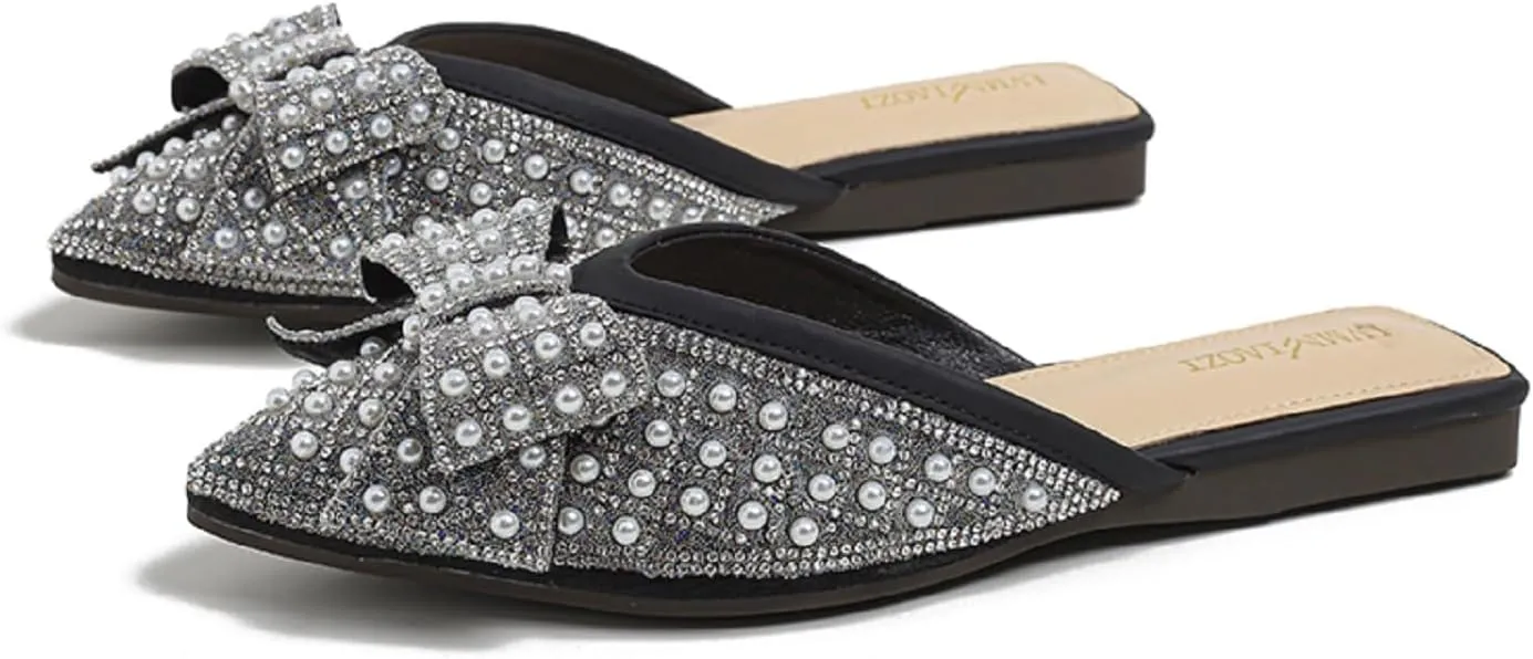 Mules for Woman Comfortable Slip on Bow Rhinestone Pointed Toe Mule Shoes