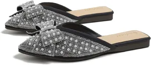 Mules for Woman Comfortable Slip on Bow Rhinestone Pointed Toe Mule Shoes