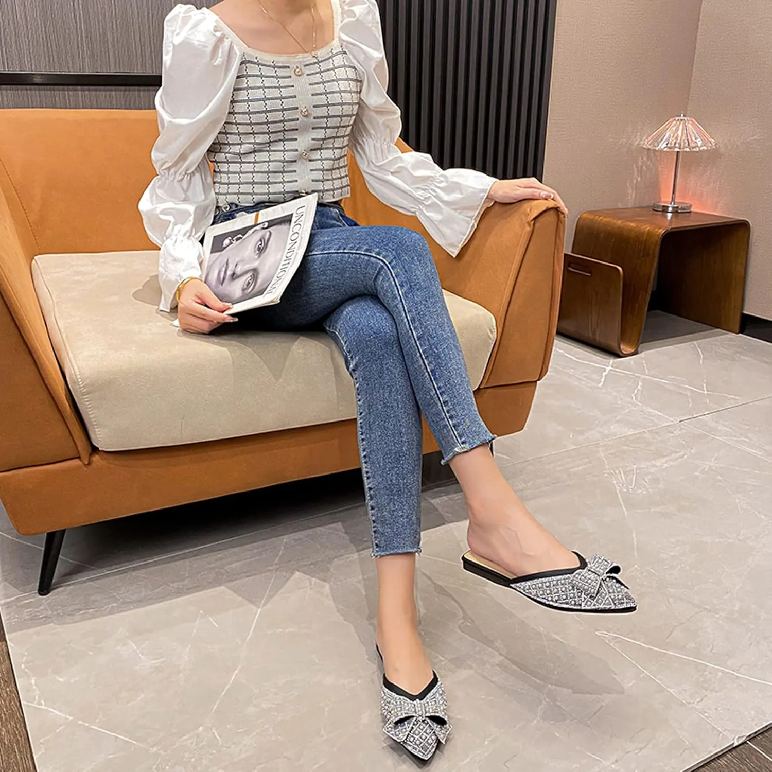 Mules for Woman Comfortable Slip on Bow Rhinestone Pointed Toe Mule Shoes