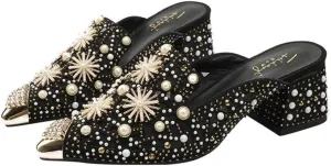 Mules for Woman Pointed Toe Pearl Crystal Snowflake Mules with Pearls Backless Flat Slip On Comfort Casual Shoes