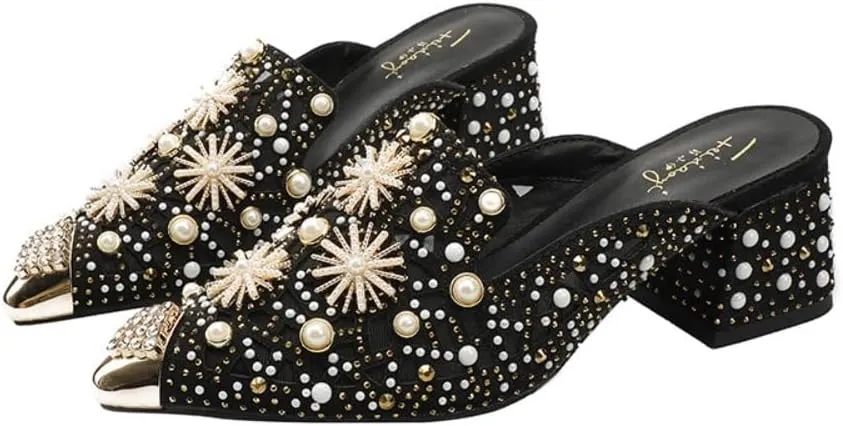 Mules for Woman Pointed Toe Pearl Crystal Snowflake Mules with Pearls Backless Flat Slip On Comfort Casual Shoes