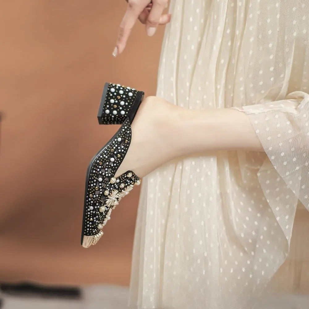 Mules for Woman Pointed Toe Pearl Crystal Snowflake Mules with Pearls Backless Flat Slip On Comfort Casual Shoes