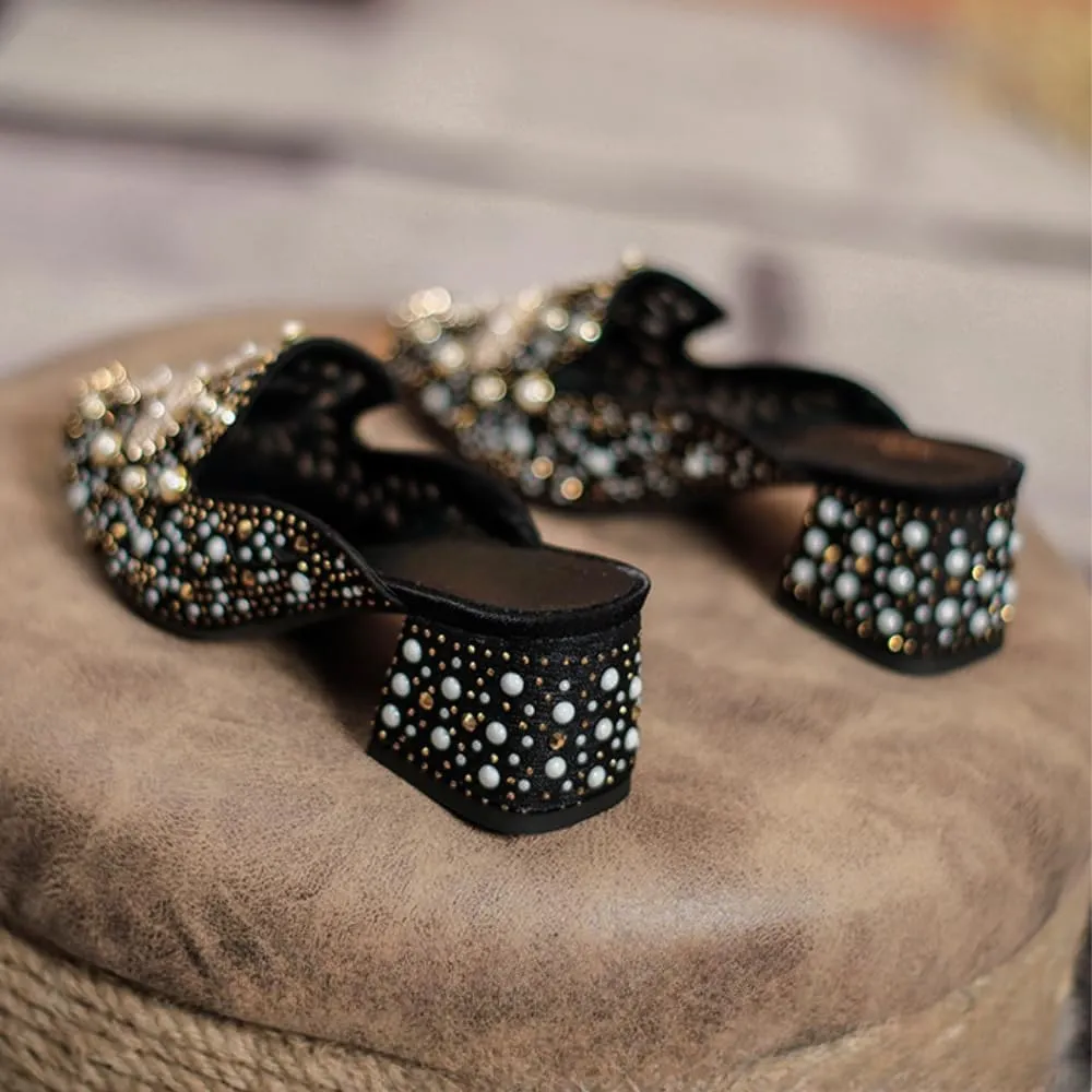 Mules for Woman Pointed Toe Pearl Crystal Snowflake Mules with Pearls Backless Flat Slip On Comfort Casual Shoes