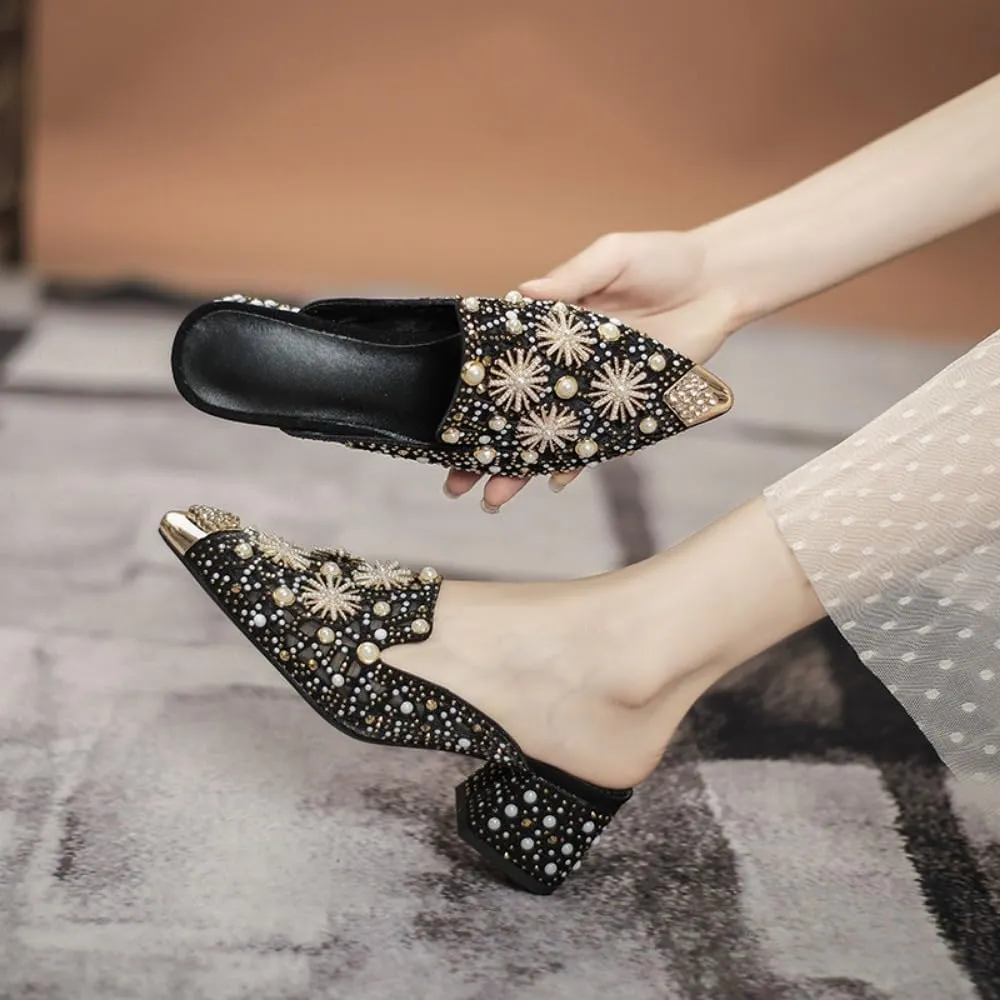 Mules for Woman Pointed Toe Pearl Crystal Snowflake Mules with Pearls Backless Flat Slip On Comfort Casual Shoes