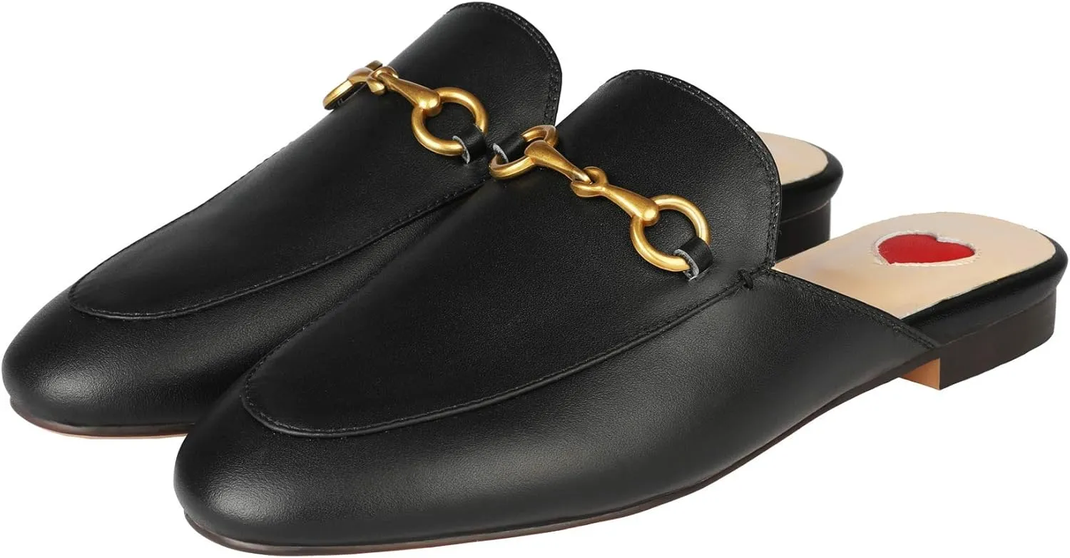 Mules for Women Comfort Slip On Leather Flats Closed Pointed Toe Slides with Metal Decoration Backless Loafers