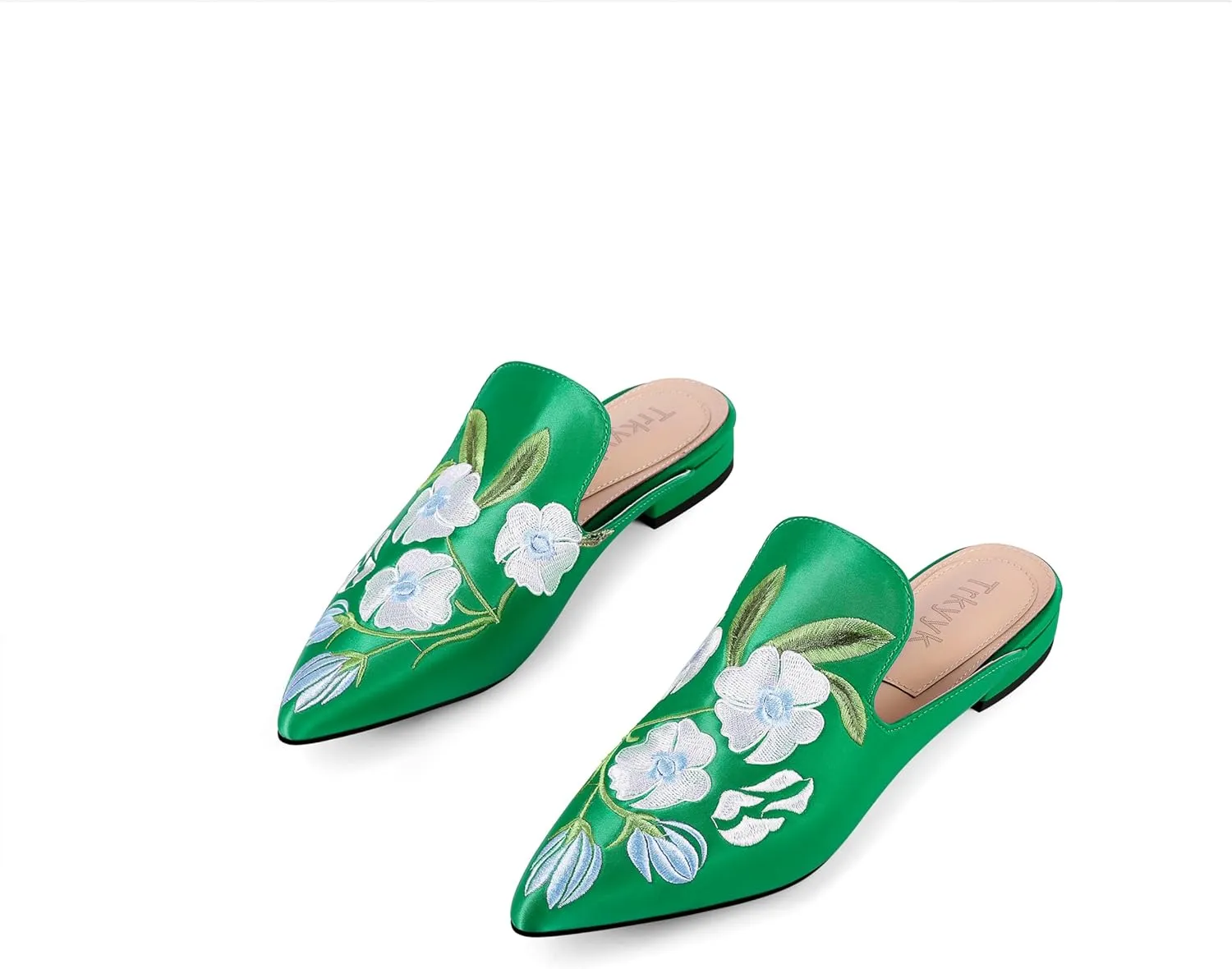 Mules for Women Pointed Toe Embroidered Shoes Satin Comfortable Flats Backless Loafers