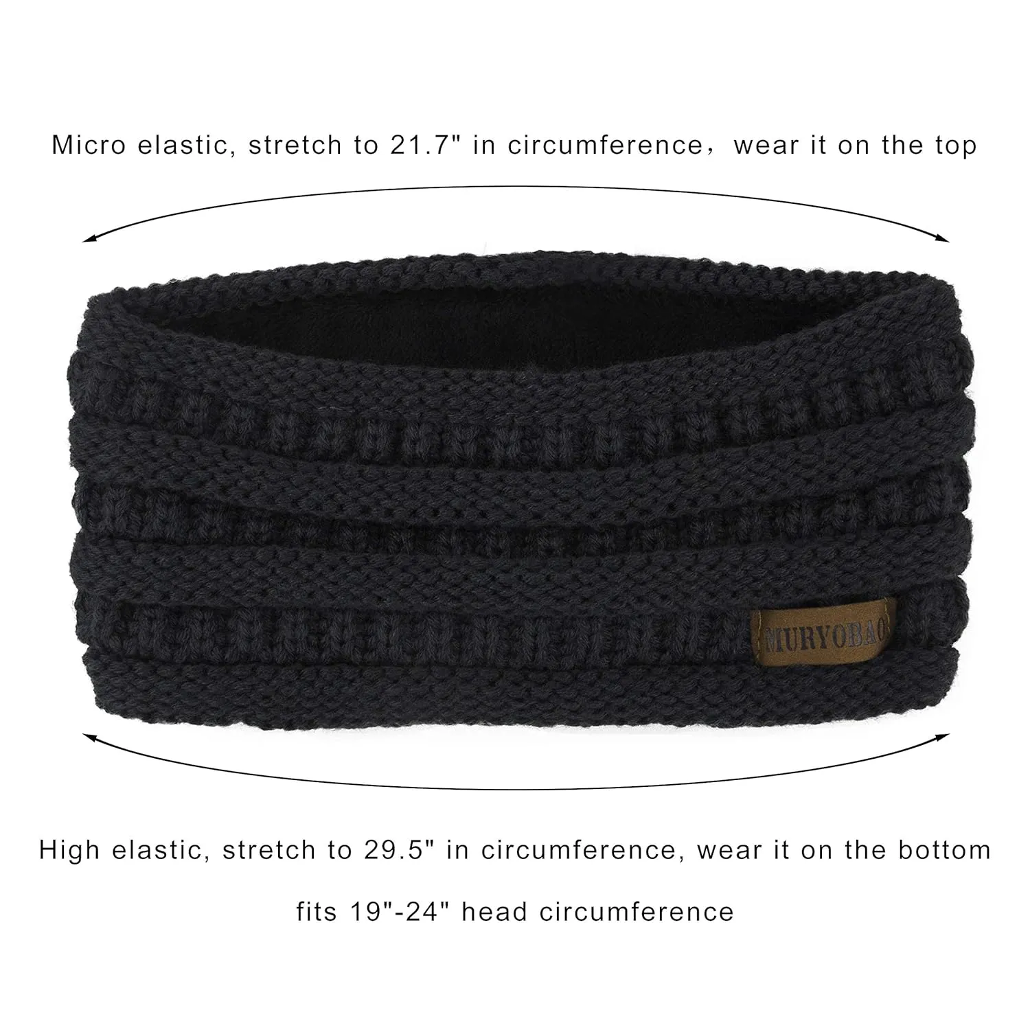 Muryobao 2 Pack Women Winter Ear Warmer Headband Cable Knit Fuzzy Fleece Lined Head Wrap Stretchy Thick Headband Black & Light Grey