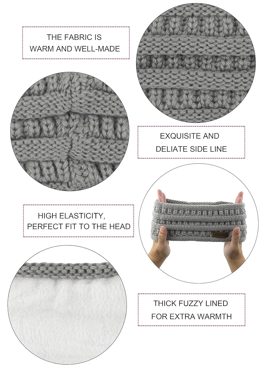 Muryobao 2 Pack Women Winter Ear Warmer Headband Cable Knit Fuzzy Fleece Lined Head Wrap Stretchy Thick Headband Black & Light Grey