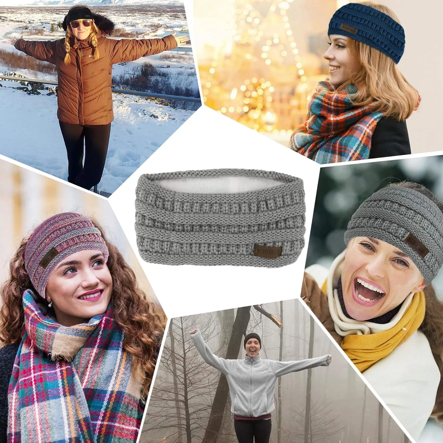 Muryobao 2 Pack Women Winter Ear Warmer Headband Cable Knit Fuzzy Fleece Lined Head Wrap Stretchy Thick Headband Black & Light Grey