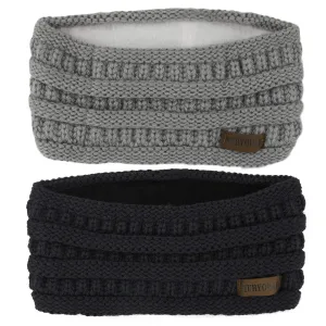 Muryobao 2 Pack Women Winter Ear Warmer Headband Cable Knit Fuzzy Fleece Lined Head Wrap Stretchy Thick Headband Black & Light Grey